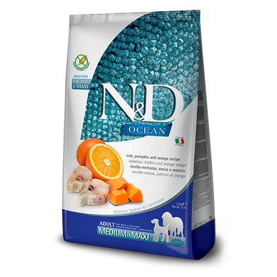 N&amp;D Dog Ocean tőkehal sütőtök &amp; narancs Adult MAXI 2,5 kg