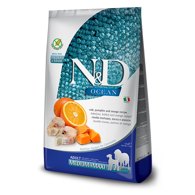 N&D Dog Ocean tőkehal sütőtök & narancs Adult MAXI 2,5 kg